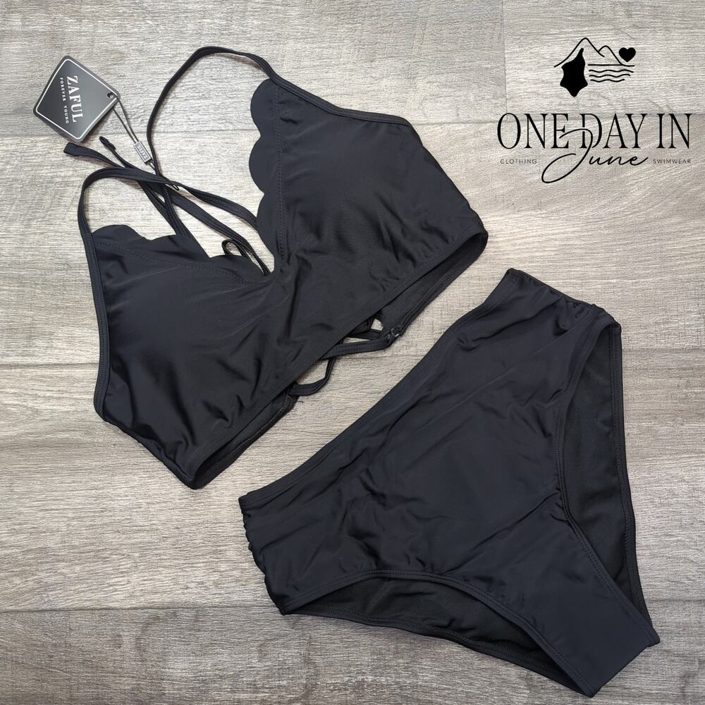 Zaful Scallop Lace Up Back Bikini Swimsuit Size S